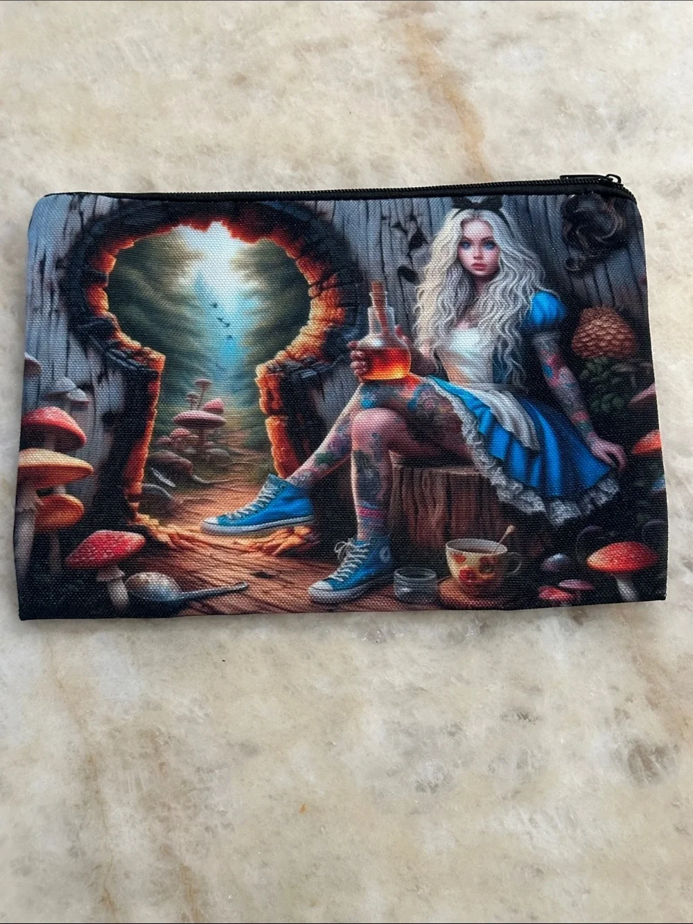Alice-Inspired Blue Graphic Cosmetic Pouch